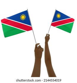 Black Hand Holding Namibian Flag, Hand Lifting Flag, Hand Raising Flag, 3d Rendering Of Hands Holding Flag Isolated On Background