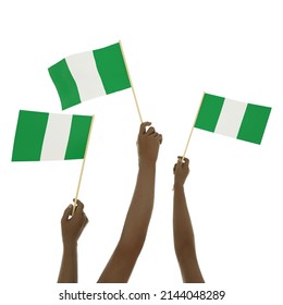 Black Hand Holding Nigerian Flag, Hand Lifting Flag, Hand Raising Flag, 3d Rendering Of Set Of Hands Holding Flag Isolated On Background