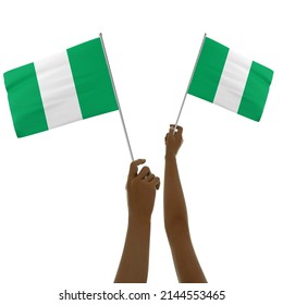 Black Hand Holding Nigerian Flag, Hand Lifting Flag, Hand Raising Flag, 3d Rendering Of Hands Holding Flag Isolated On Background