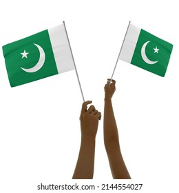 Black Hand Holding Pakistani Flag, Hand Lifting Flag, Hand Raising Flag, 3d Rendering Of Hands Holding Flag Isolated On Background