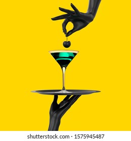 Black Hand holding tray with cocktail martini glass isolated on yellow. Party promo banner creative concept with alcoholic drink beverage, 3d illustration.