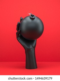 Black hand sculpture holding a bomb, abstract threat and danger concept, 3d illustration,