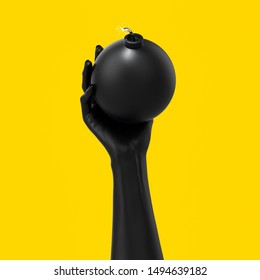 Black Hand Sculpture Holding A Bomb, Abstract Threat And Danger Concept, 3d Illustration,