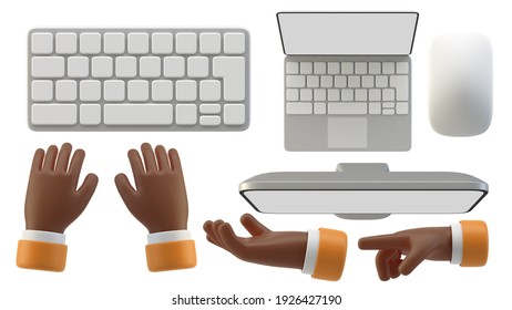 Black Hands Gestures 3D cartoon friendly funny style and Laptop Notebook Monitor Keyboard Mouse Top view isolated on white background
