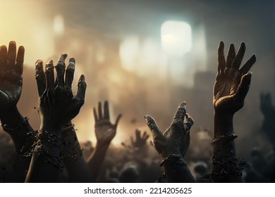 Black Hands Reaching Up To Sky From The Dark. 3D Style Illustration.