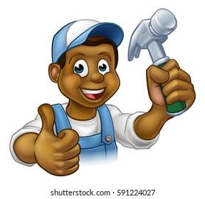 A black handyman carpenter cartoon character holding a hammer and giving a thumbs up