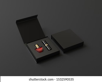 Black hard box of Lipstick and nail polish isolated on black background, 3d illustration.
 - Powered by Shutterstock