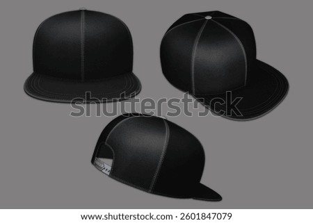 Black hat blank template every angle view. A black snapback hat mockup with a clean and minimalist realistic design, isolated on a grey background.3d rendering.
