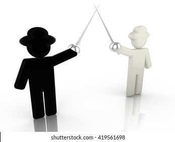 A black hat hacker is fencing with a white hat hacker 3D illustration internet security concept