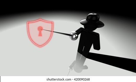 Black Hat Hacker Piercing Shield With A Rapier Showing Cracks 3D Illustration Security Breach Concept