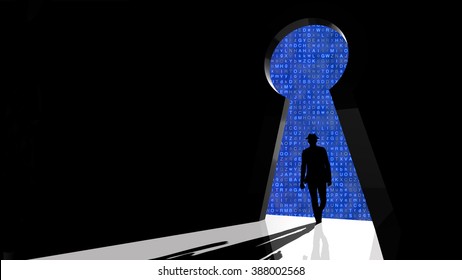 Black Hat Hacker Walks Through Keyhole Shaped Backdoor Towards A Random Letter Background 3d Security Concept