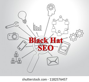 Black Hat Seo Website Optimization 2d Illustration Shows Search Engine Marketing Such As Linkbuilding Keywords Ranking And Promotion
