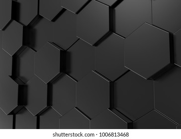 Black Hexagon Background, 3d Render Geometric Pattern Wallpaper