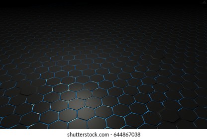 Black Hexagon And Blue Neon Light Background And Texture
