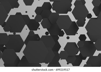 Black hexagons of random size on white background. Abstract background with hexagons. Cloud of hexagons in front of wall. 3D rendering illustration
