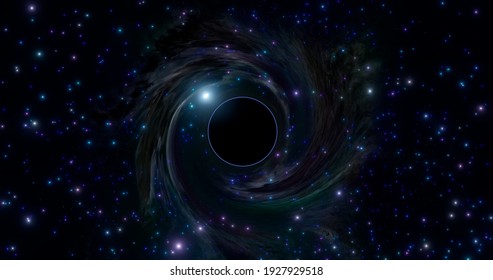 Black hole above the star field in outer space. Distortion of light passing through the massive body. 3d illustration