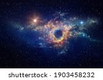 Black hole and cosmic waves into deep space. Nebula at the center of a galaxy clusters in universe. Stars constellations background.