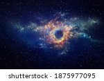 Black hole and cosmic waves in outer space. Nebula at the center of a galaxy clusters in universe. Stars constellations background.