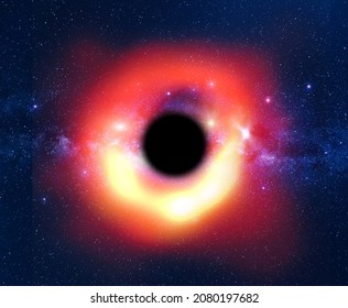 Black Hole in the galaxy Messier 87 in the deep space with milky way and a stars field. 3d illustration background with copy space.