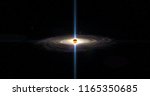 A black hole with high energy gamma ray beams and rotating ionised gas matter disk. As illustration or background. 3D rendering.