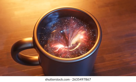 Black hole simulation forming inside dark coffee cup resting on wooden surface, visualizing cosmic perturbation with intricate light reflections, merging scientific concept with. 3D Illustration