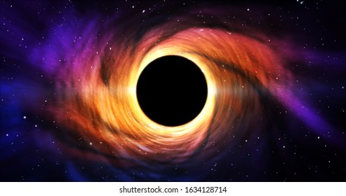Black hole space. Star with matter cloud swirl ring and energy jets. Vortex in galaxy center around dark object. Gravitation, astronomy, universe, cosmos and science abstract concept 3d ullustration.
