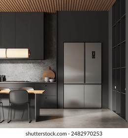 Black home kitchen interior dinner table and chairs, dark cooking cabinet with refrigerator on concrete floor. Dining zone in modern apartment with wooden ceiling. 3D rendering