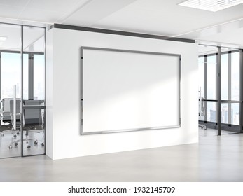 Black Horizonal Frame Mockup Hanging On Office Wall. Mock Up Of A Billboard In Modern Concrete Company Interior 3D Rendering