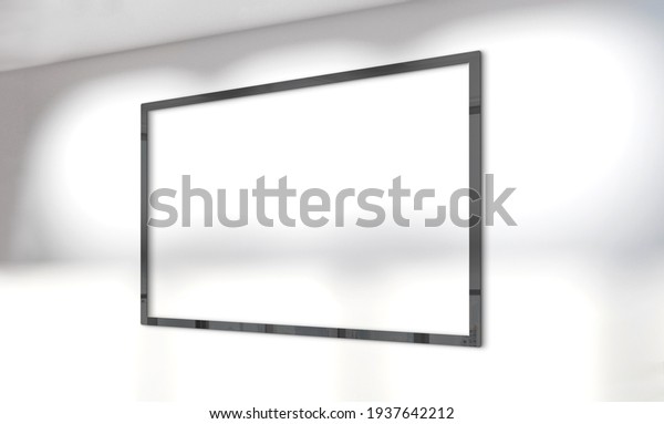 Black horizonal frame Mockup hanging on office\
wall. Mock up of a billboard in modern concrete company interior 3D\
rendering