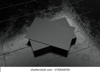 Black Horizontal Business Card Paper Mockup Template With Blank Space Cover For Insert Company Logo Or Personal Identity On Black Cardboard Floor Background. Modern Concept. 3D Illustration Render