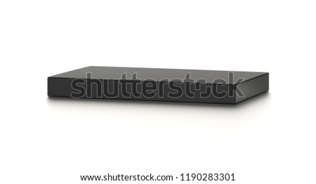 Black horizontal thin blank box from front top far angle. 3D illustration isolated on white background.