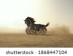 Black horse with car wheels instead of legs at high speed in the desert . This is a 3d render illustration . 