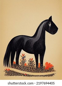 Black Horse Cartoon Illustration, Children Book 