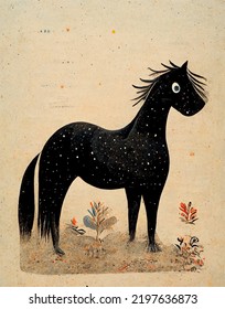 Black Horse Standing, Illustration For Children Book