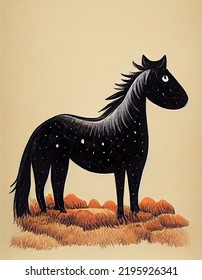 Black Horse Standing In A Small Field, Children Book Art