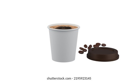 Black Hot Espresso Coffee And Few Bubbles Beverage In Little White Paper Disposal Cup With Brown Cover Glass And Some Coffee Bean On White 3D Rendering For Takeaway