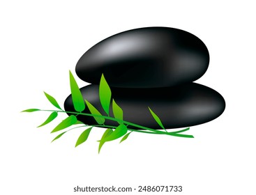 Black hot stones and bamboo illustration. Spa lava stones icon isolated on a white background. Hot stones for spa procedures graphic design element. Two black pebbles stacked drawing - Powered by Shutterstock