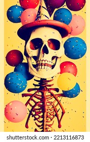 Black Humor With A Dead Party And A Skeleton Having Fun, Design For Halloween And Poster