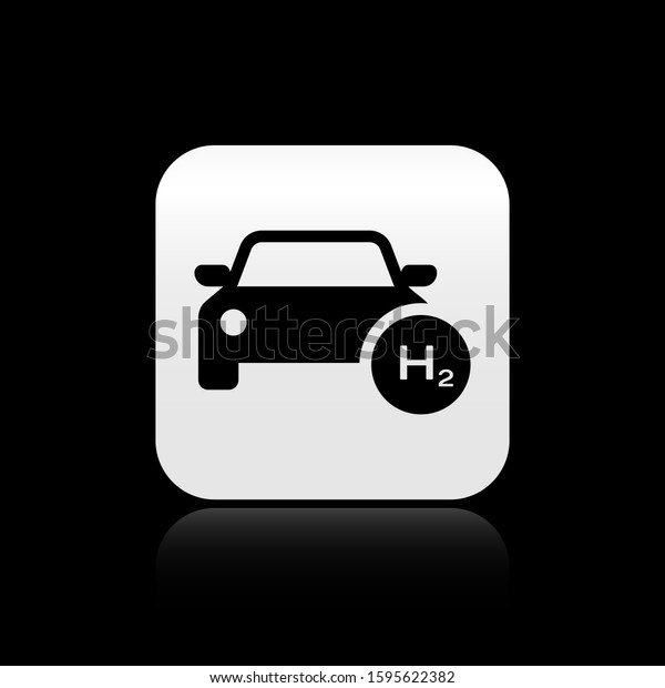 Black Hydrogen car icon isolated\
on black background. H2 station sign. Hydrogen fuel cell car eco\
environment friendly zero emission. Silver square button.\
