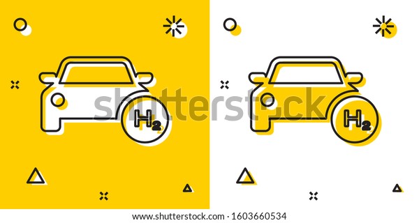 Black Hydrogen car icon\
isolated on yellow and white background. H2 station sign. Hydrogen\
fuel cell car eco environment friendly zero emission. Random\
dynamic shapes. 