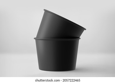 Black Ice Cream Cup Mockup, Dark Blank Cardboard Tub Container, 3d Rendering Isolated On Light Background