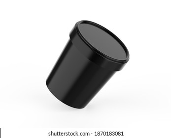 Black ice cream tub mockup on isolated white background, realistic rendering of plastic box, 3d illustration