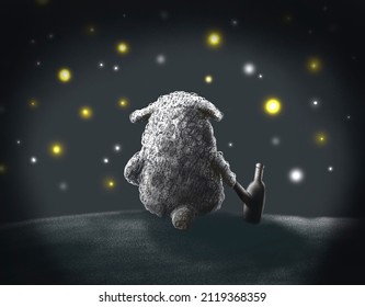 Black Illustration With Sad Sheep.