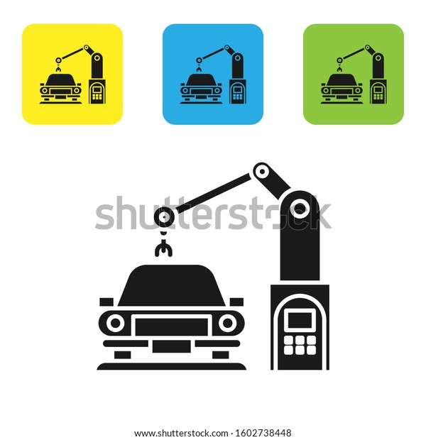 Black\
Industrial machine robotic robot arm hand on car factory icon\
isolated on white background. Industrial automation production\
automobile. Set icons colorful square buttons.\
