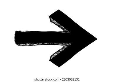 Black Ink Grungy Arrow Direction Sign Painted With Hand Brush Over White Transparent Background. Fine Line Black Ink Hand Drawing Of An Arrow.