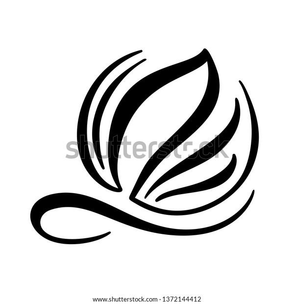 Black ink hand drawn
calligraphy logo of leaf ecology element. Illustration design for
wedding and Valentines Day, birthday greeting card and web, eco
icon