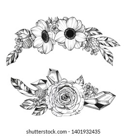 Black Ink Tattoo Composition. Extremely detailed hand drawn flowers and crystals. High-contrast black and white decorative element. Floral bouquet