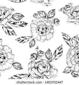 Black Ink Tattoo Composition. Extremely detailed hand drawn flowers. High-contrast black and white decorative seamless pattern. Floral bouquet.