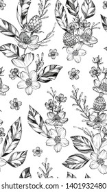 Black Ink Tattoo Composition. Extremely detailed hand drawn flowers. High-contrast black and white decorative seamless pattern. Floral bouquet.