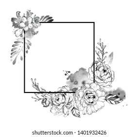 Black Ink Tattoo Composition. Flowersw and watercolor washes. Extremely detailed hand drawn floral bouquets and sloppy ink spots. Decorative monochrome frame.
